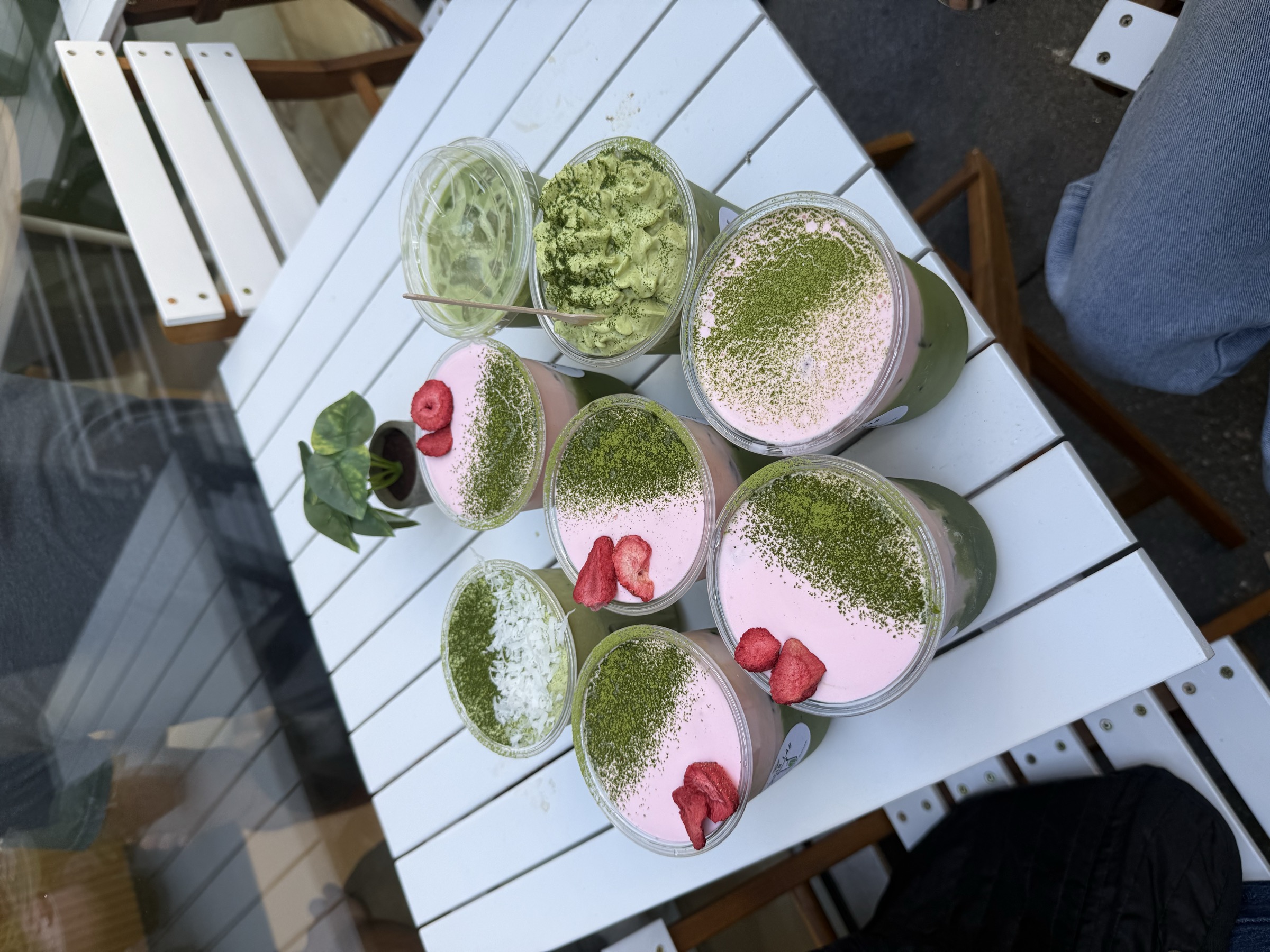 Matcha drinks around a table