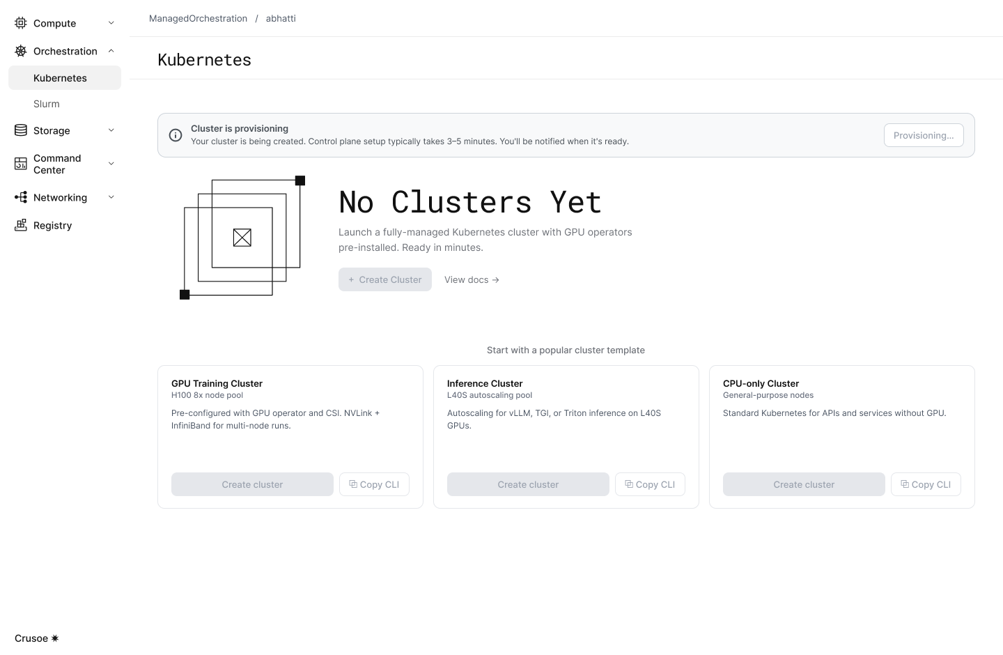Future Crusoe Kubernetes empty state with configuration cards and a provisioning banner