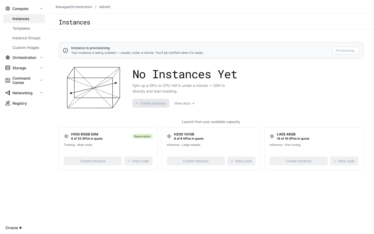 Crusoe cloud resource provisioning interface