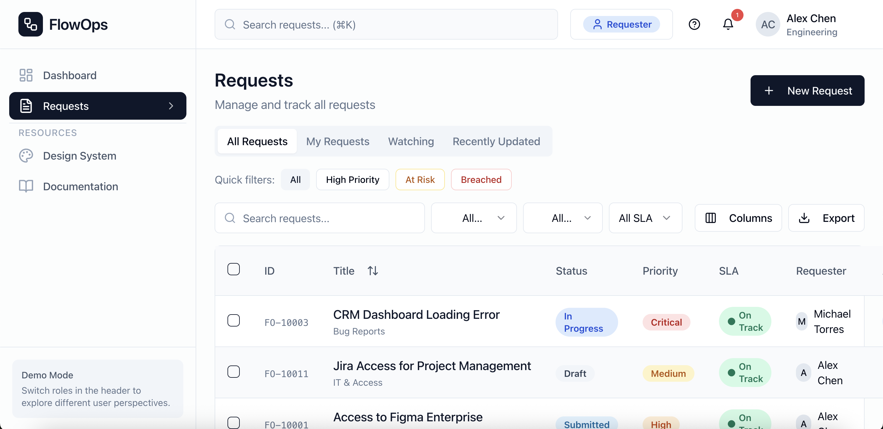 FlowOps request management interface