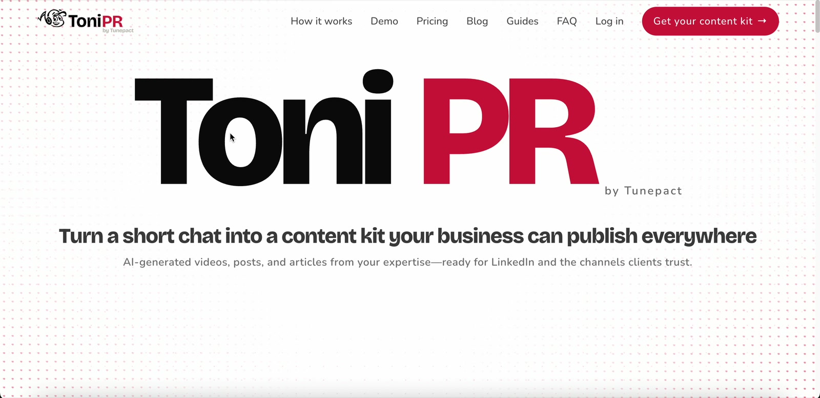 ToniPR marketing website hero