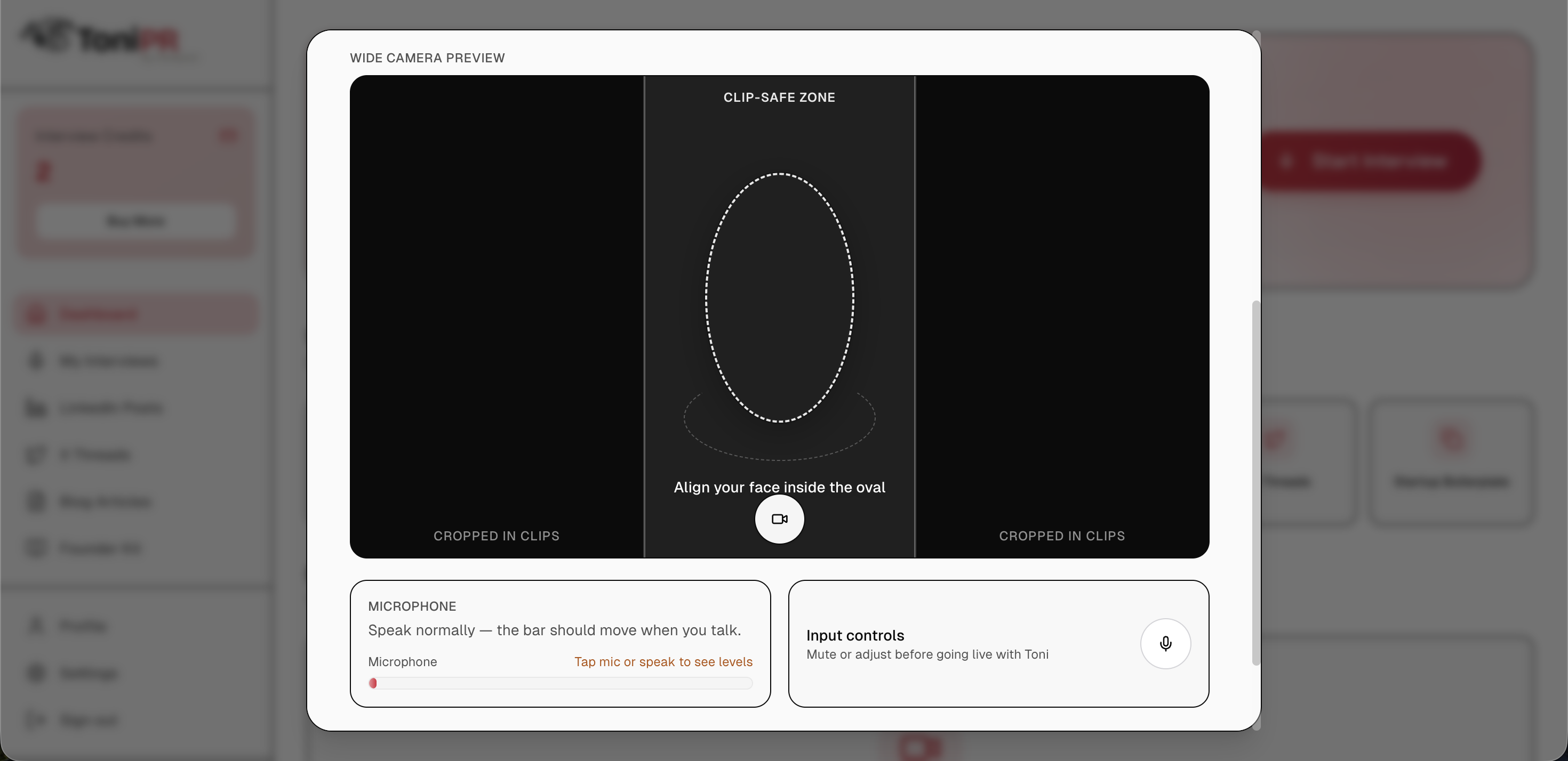 ToniPR camera and microphone preparation screen with a clip-safe framing guide