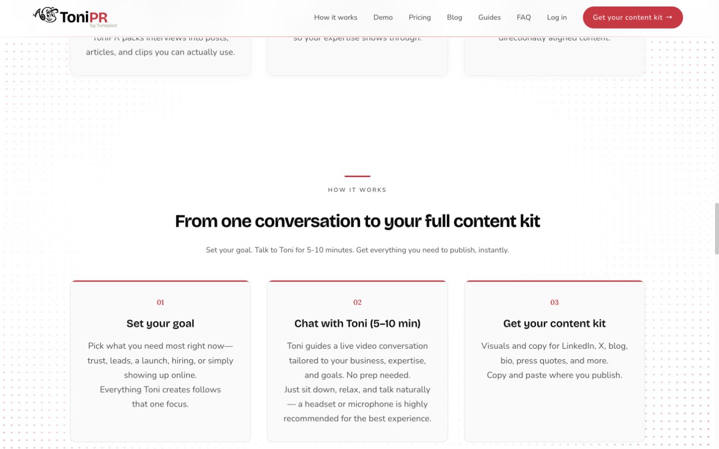 ToniPR three-step how-it-works experience