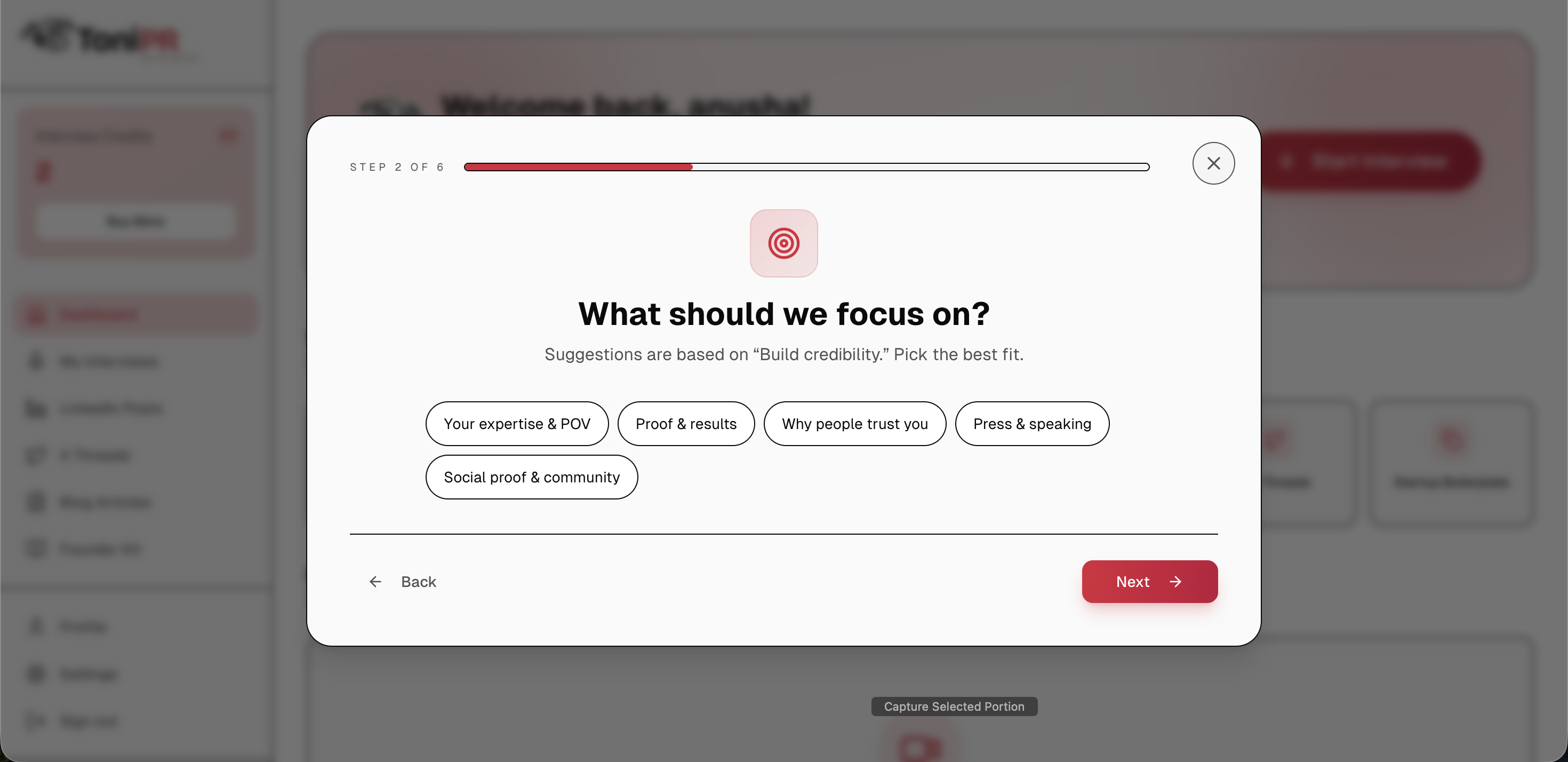ToniPR interview setup asking the user to select a focus for the content