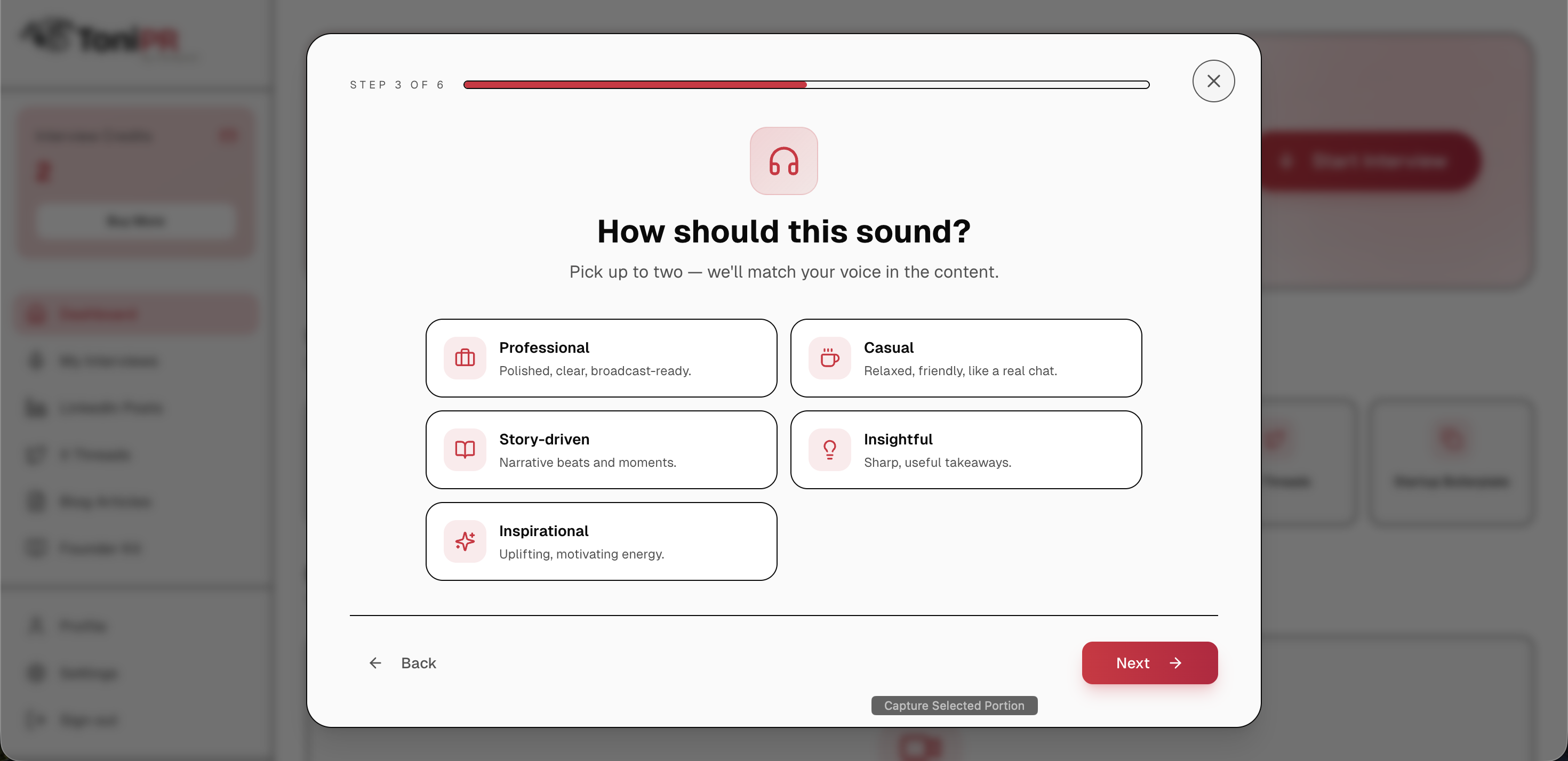 ToniPR interview setup asking the user to select a content voice