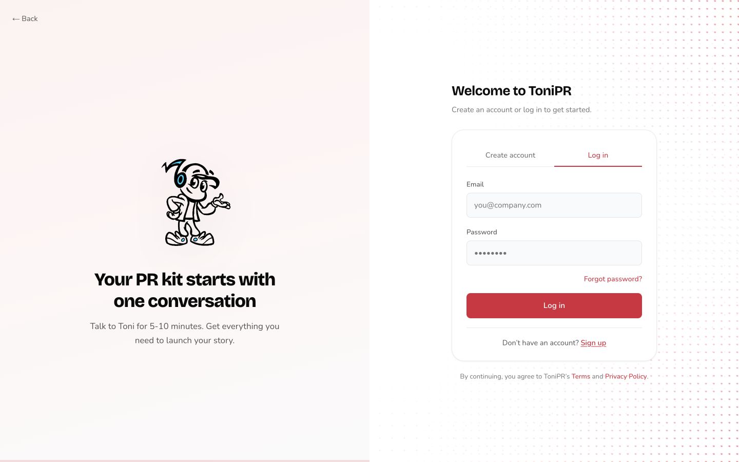ToniPR authentication screen with Toni character and concise product reminder