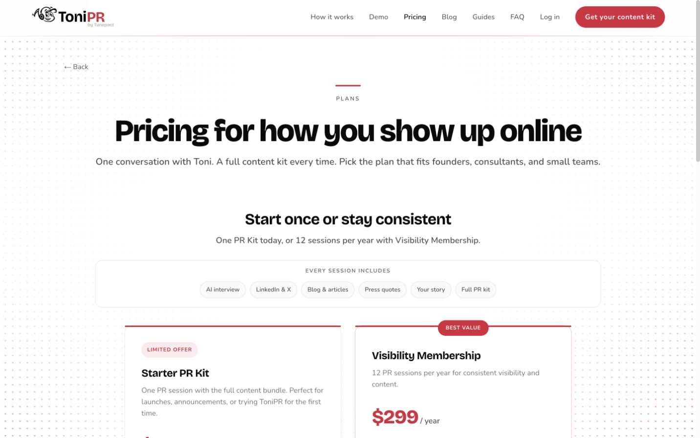 ToniPR pricing page with single-kit and membership plans