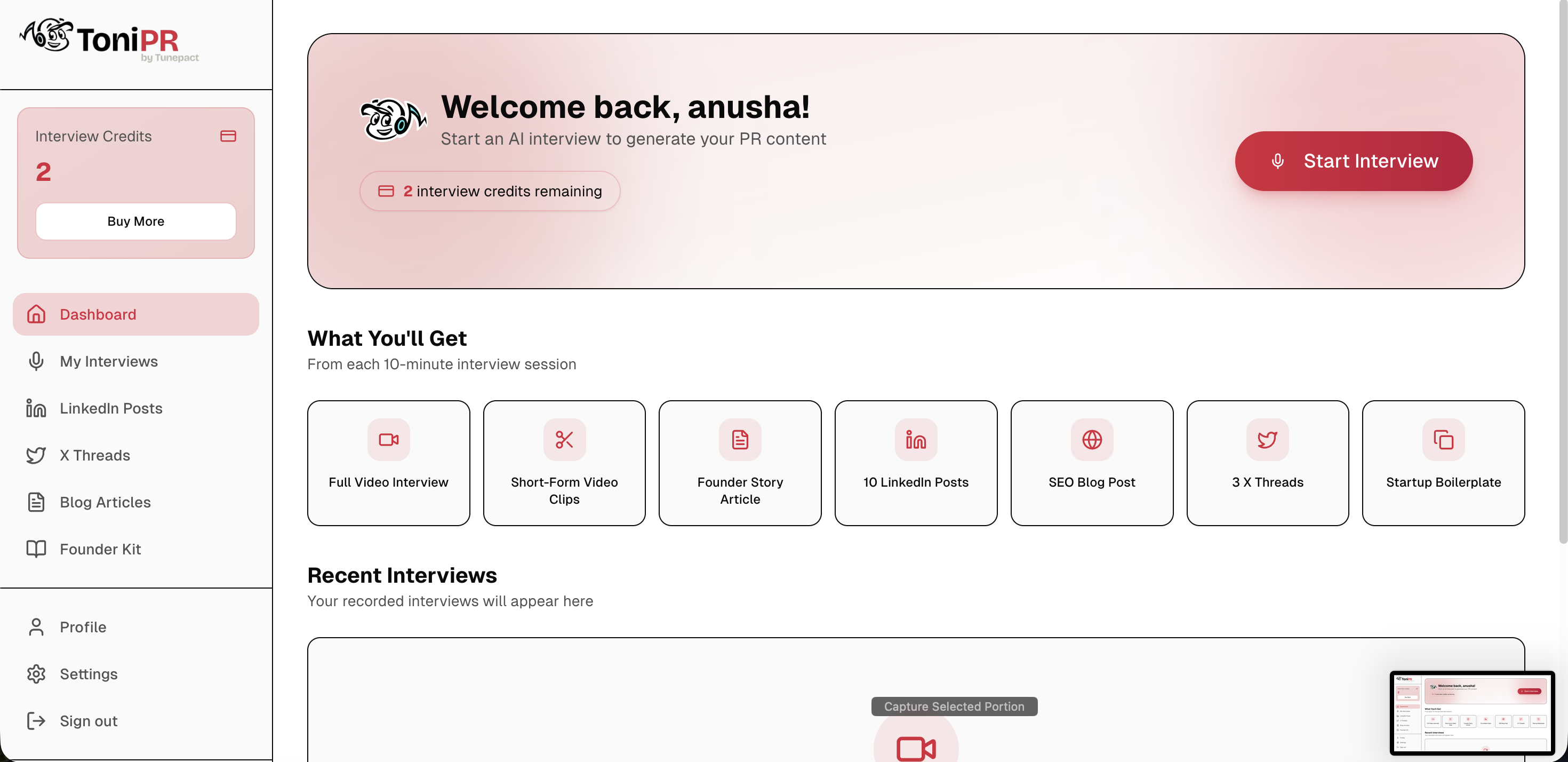 ToniPR signed-in dashboard showing interview credits, output formats, and the start interview action