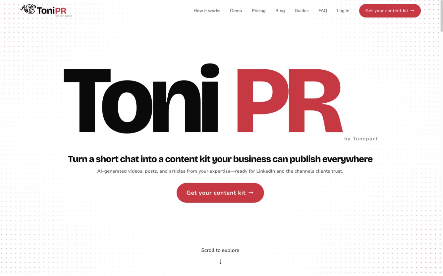 ToniPR landing page hero communicating the content-kit promise